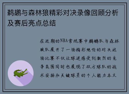 鹈鹕与森林狼精彩对决录像回顾分析及赛后亮点总结