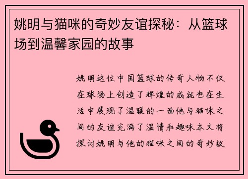 姚明与猫咪的奇妙友谊探秘：从篮球场到温馨家园的故事
