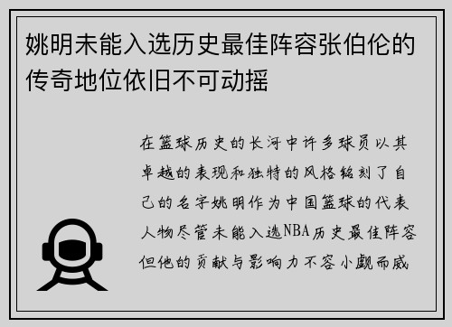 姚明未能入选历史最佳阵容张伯伦的传奇地位依旧不可动摇
